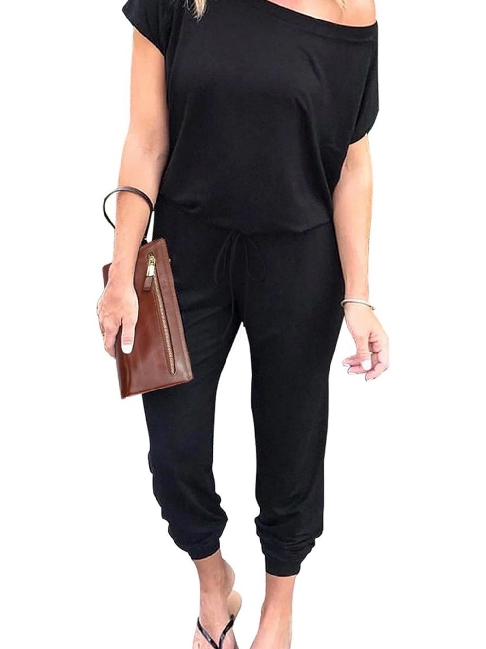 Prettygarden Women's Black Short Sleeve off shoulderKnit Jumpsuit Pockets Sz L